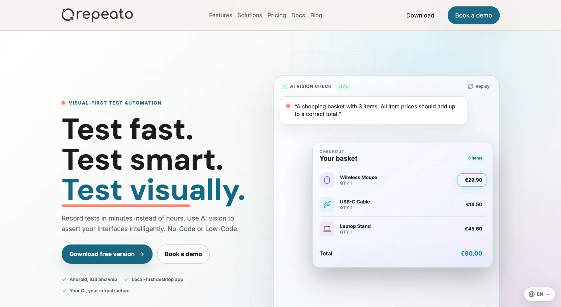 Repeato no-code test automation website with a visual shopping basket test