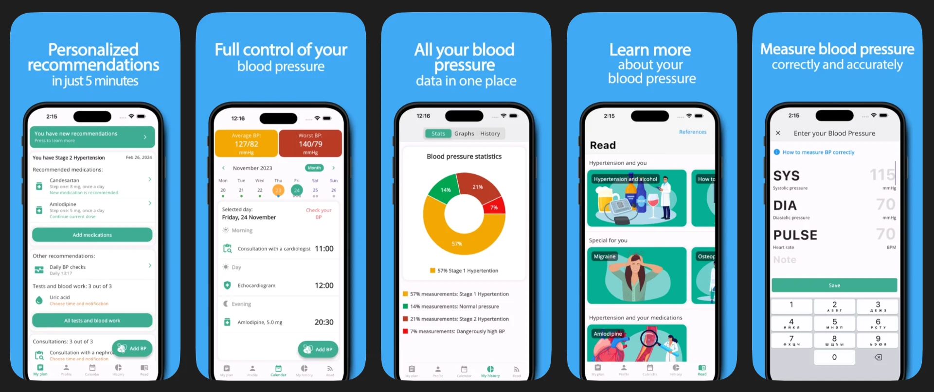 MyBP mobile app screens showing blood pressure tracking, statistics, calendar, and reading content