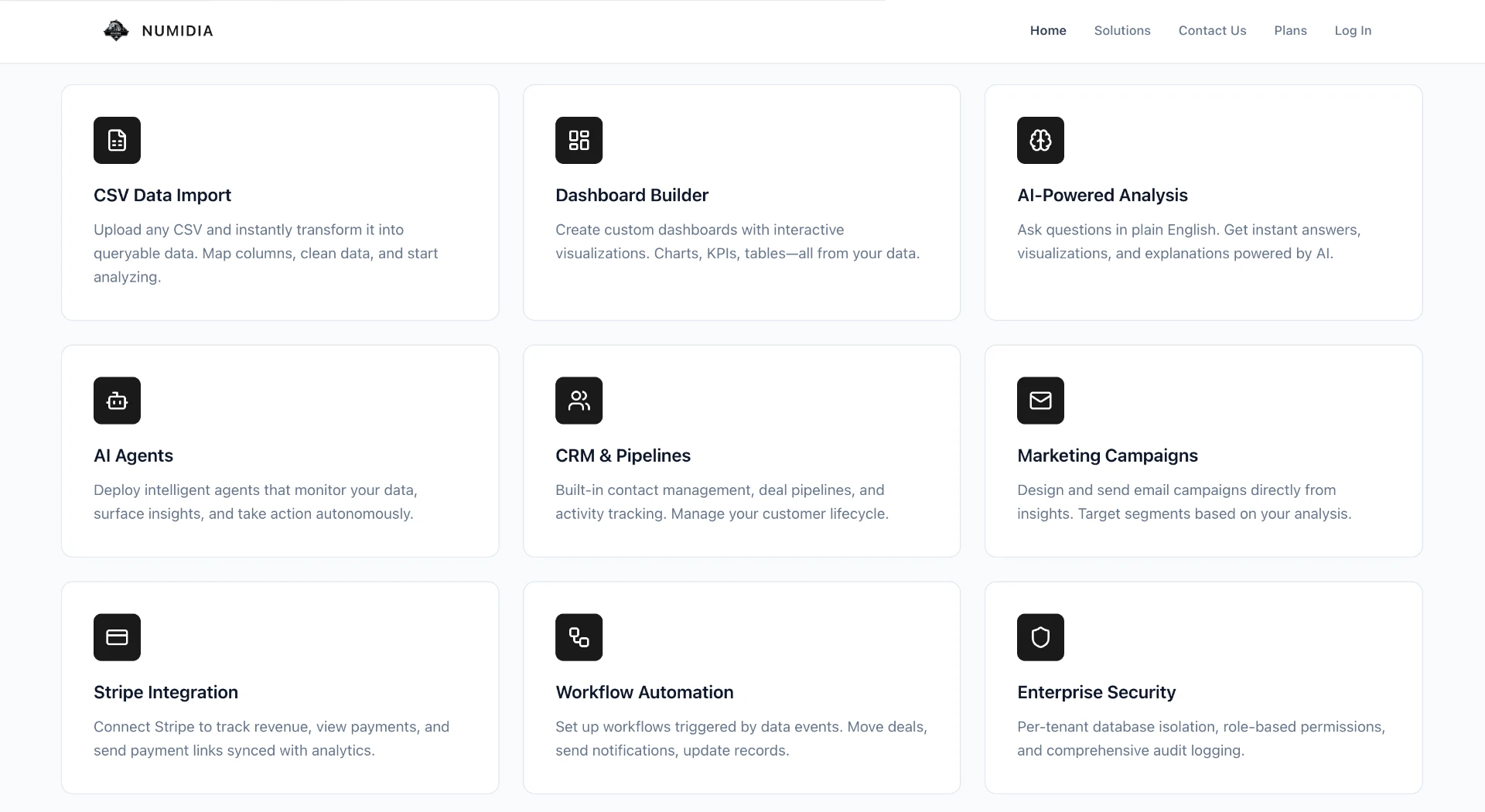 Numidia AI analytics platform features including CRM, dashboards, and automation
