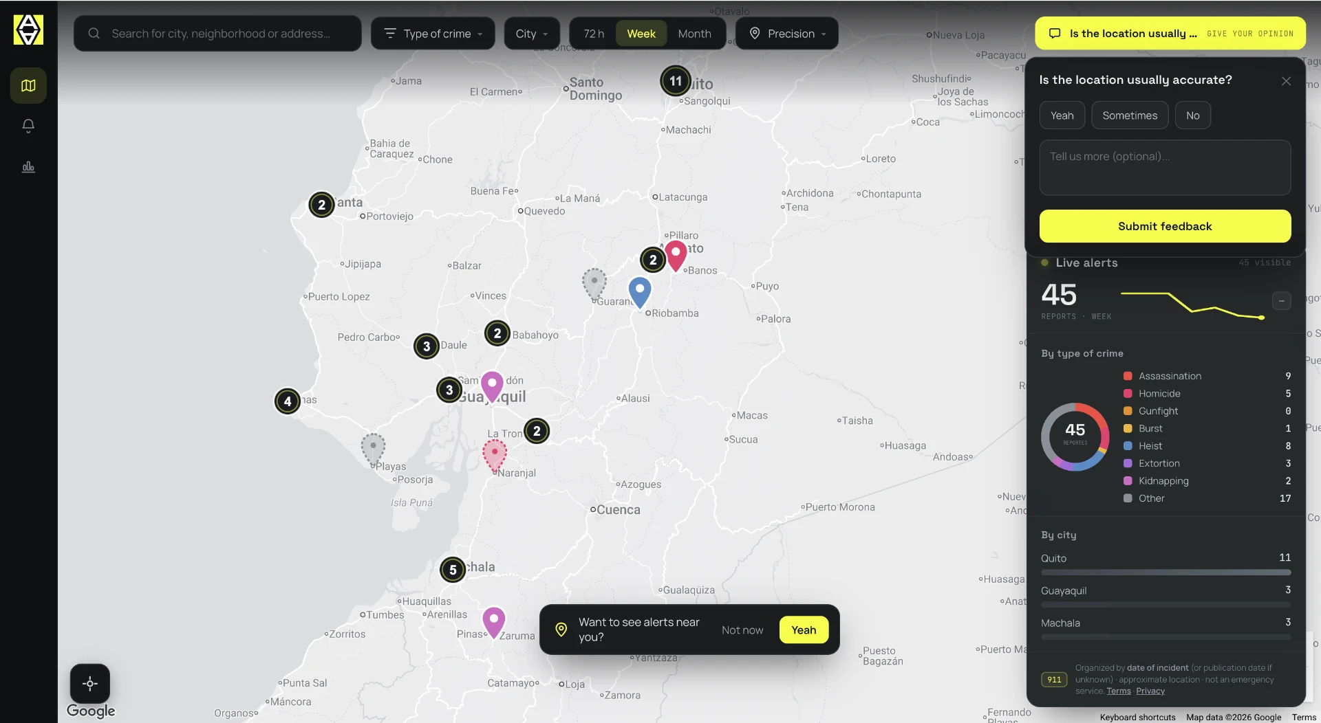 Alerta Hora public safety alerts map and reporting dashboard