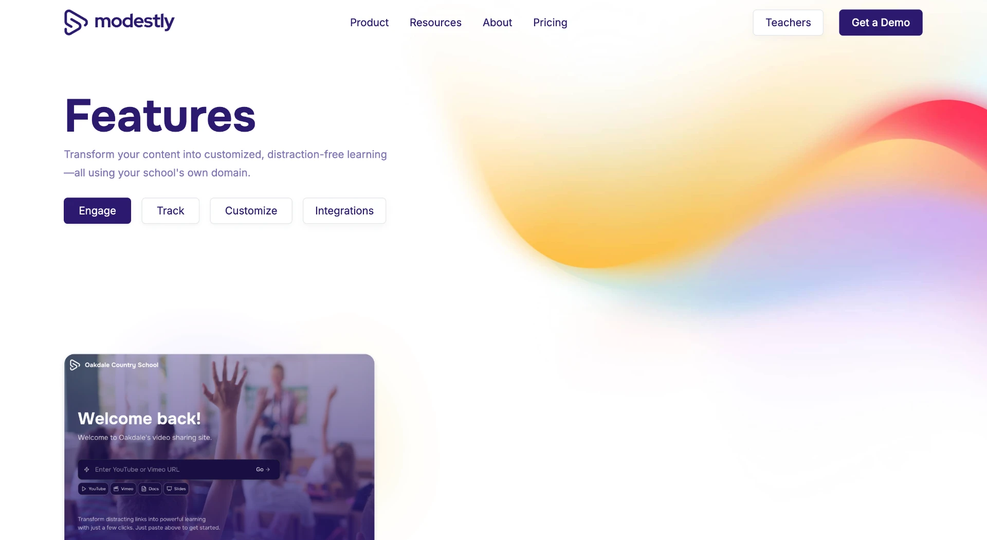 Modestly education platform features and school video-sharing interface