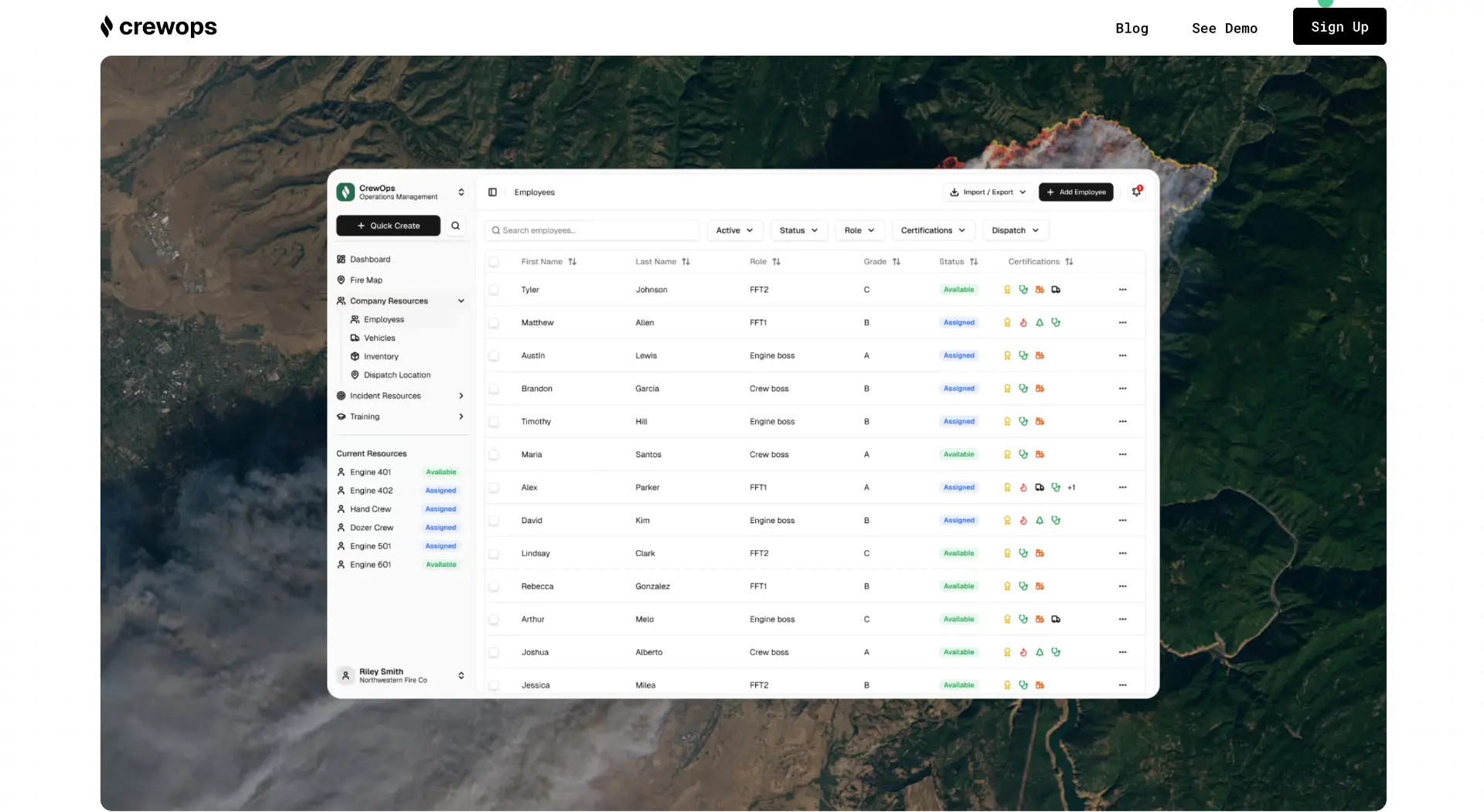 CrewOps employee management dashboard over a fire map