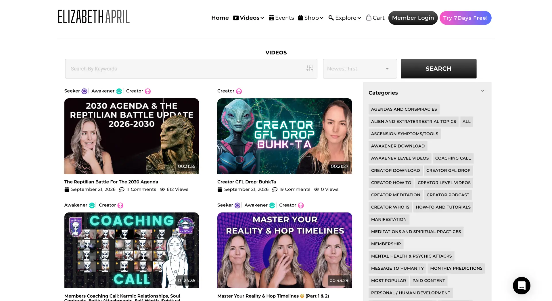 Elizabeth April WordPress website video library with search and category filters