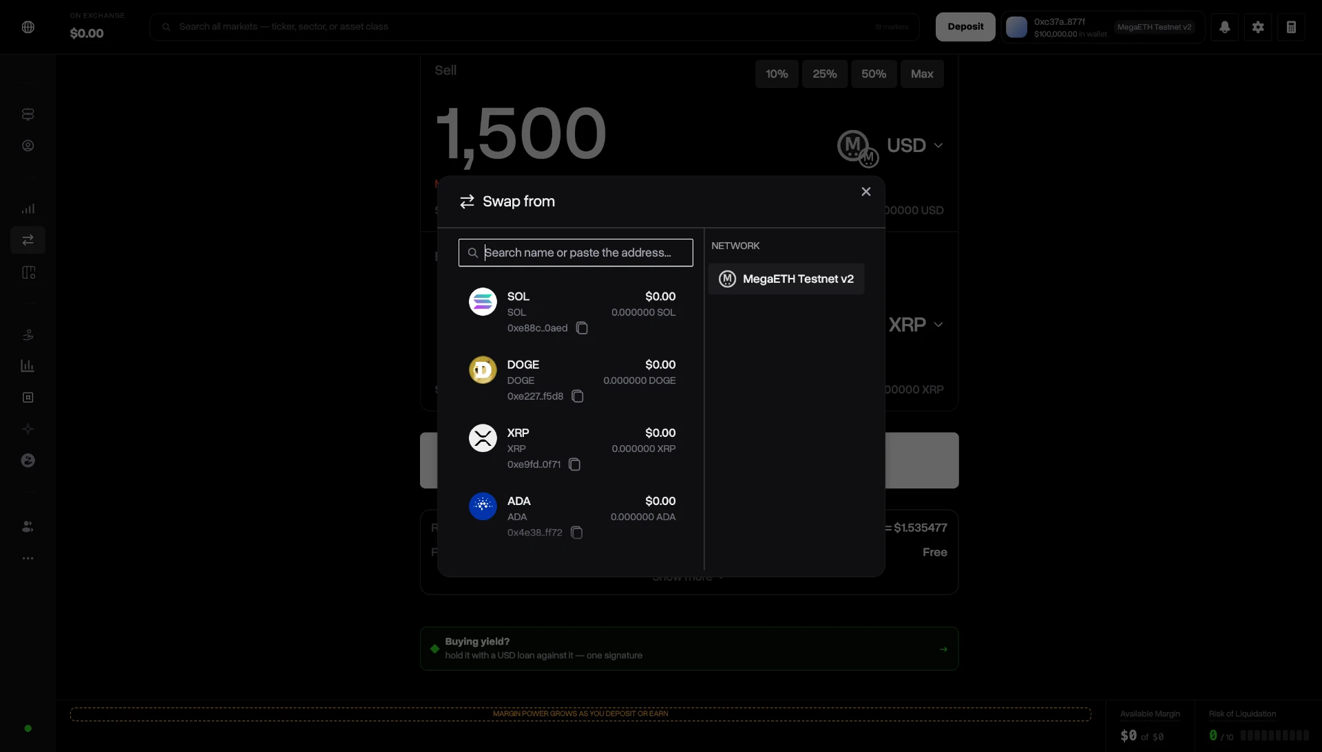 WCM digital-asset trading interface with token swap dialog