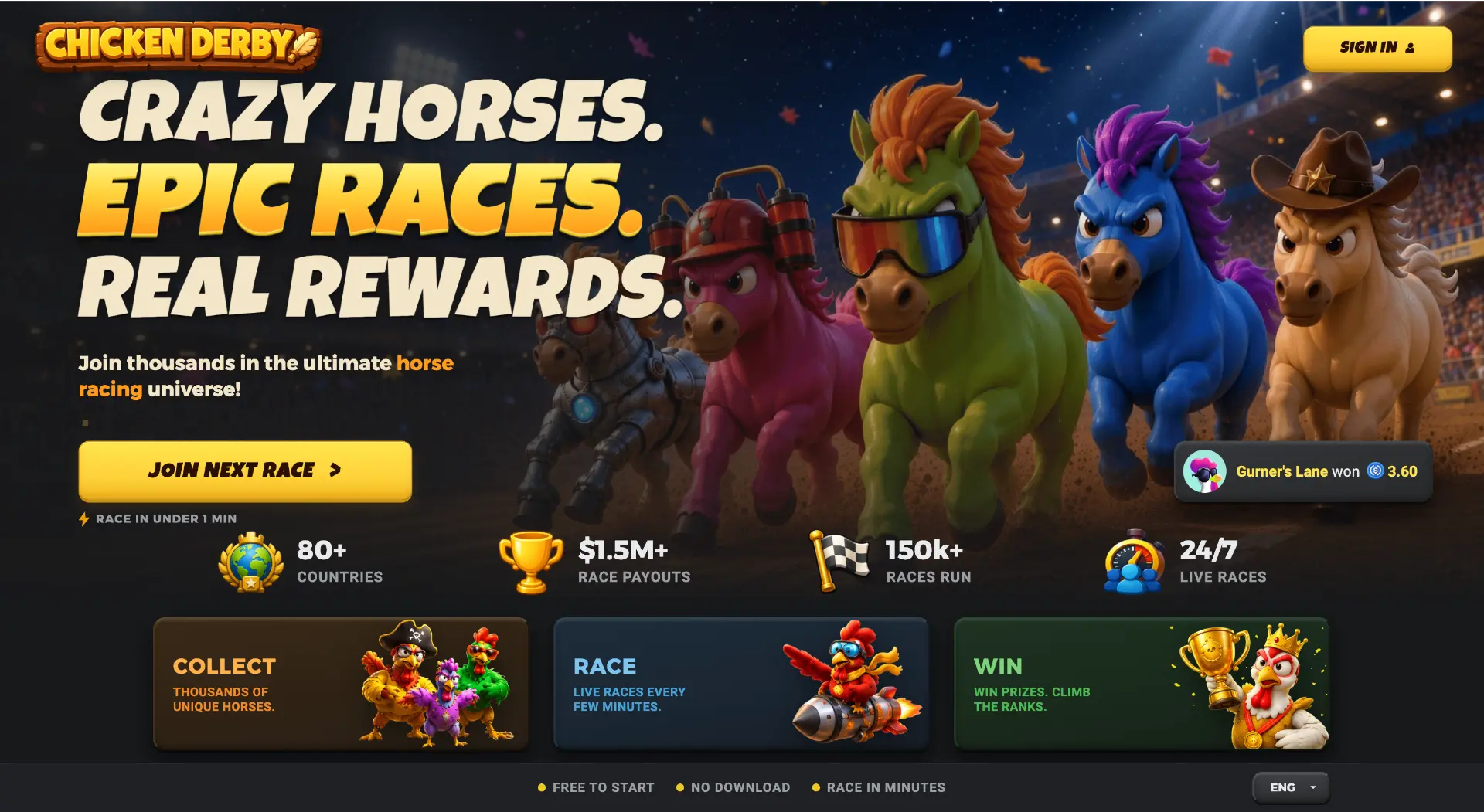 Chicken Derby Web3 live horse racing game homepage